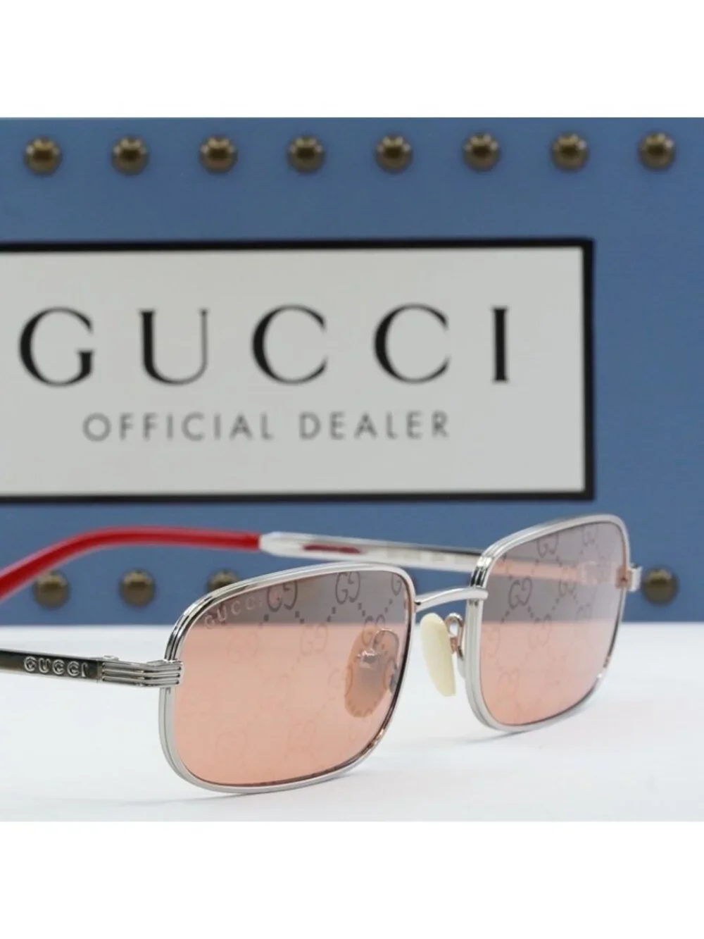 Gucci GG1457S 004 Sunglasses Silver Rectangle Frame, Red Lenses